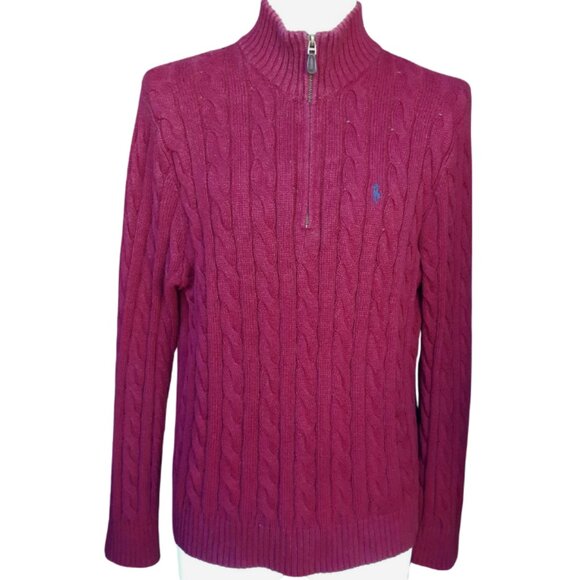 Polo Ralph Lauren SZ M Wine Red Cable Knit,100% Cotton 1/4 Zip Mock Neck Sweater - Picture 1 of 15